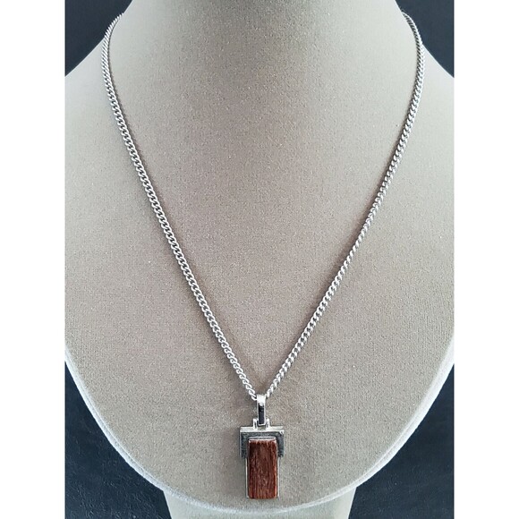 Vintage Avon Jewelry- Silver Tone & Wood Boho Rectangular Pendant Necklace 1979 - Picture 1 of 6